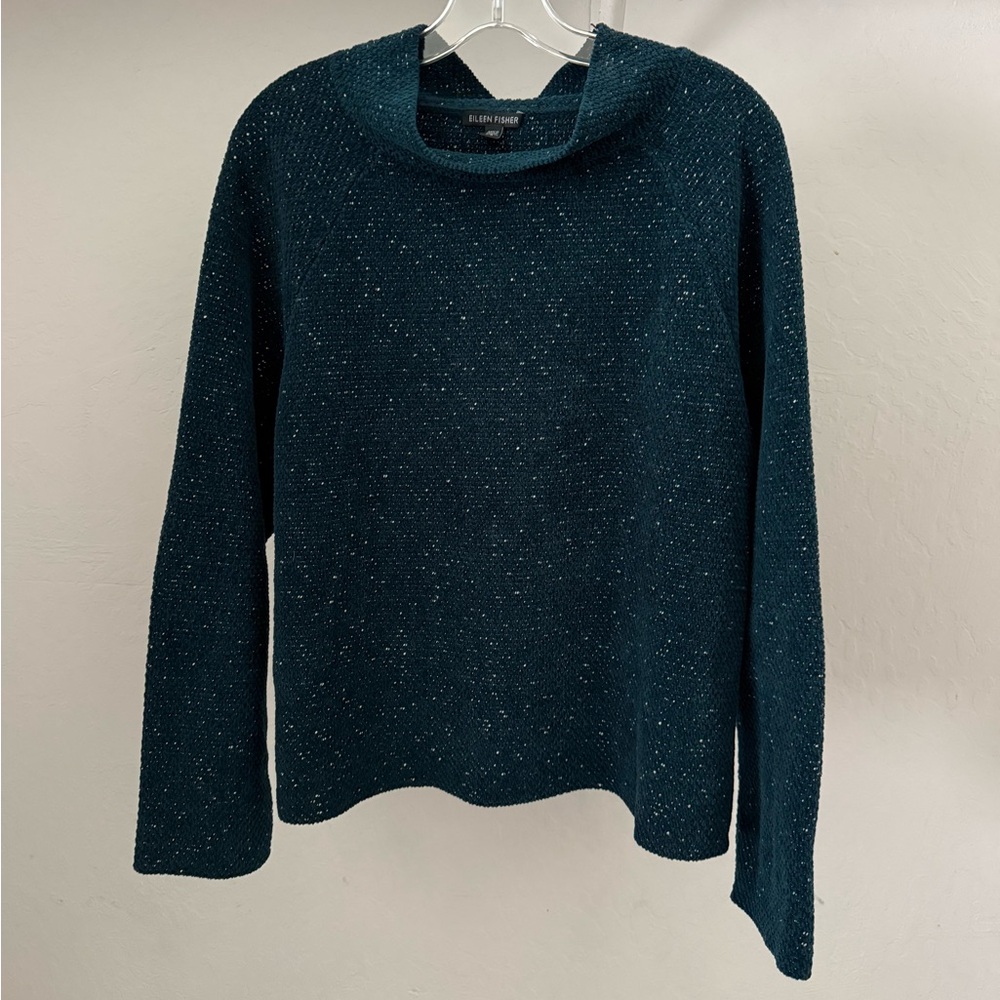 EUC Eileen Fisher Blue Tweedy Organic Cotton Boxy High Neck Pullover